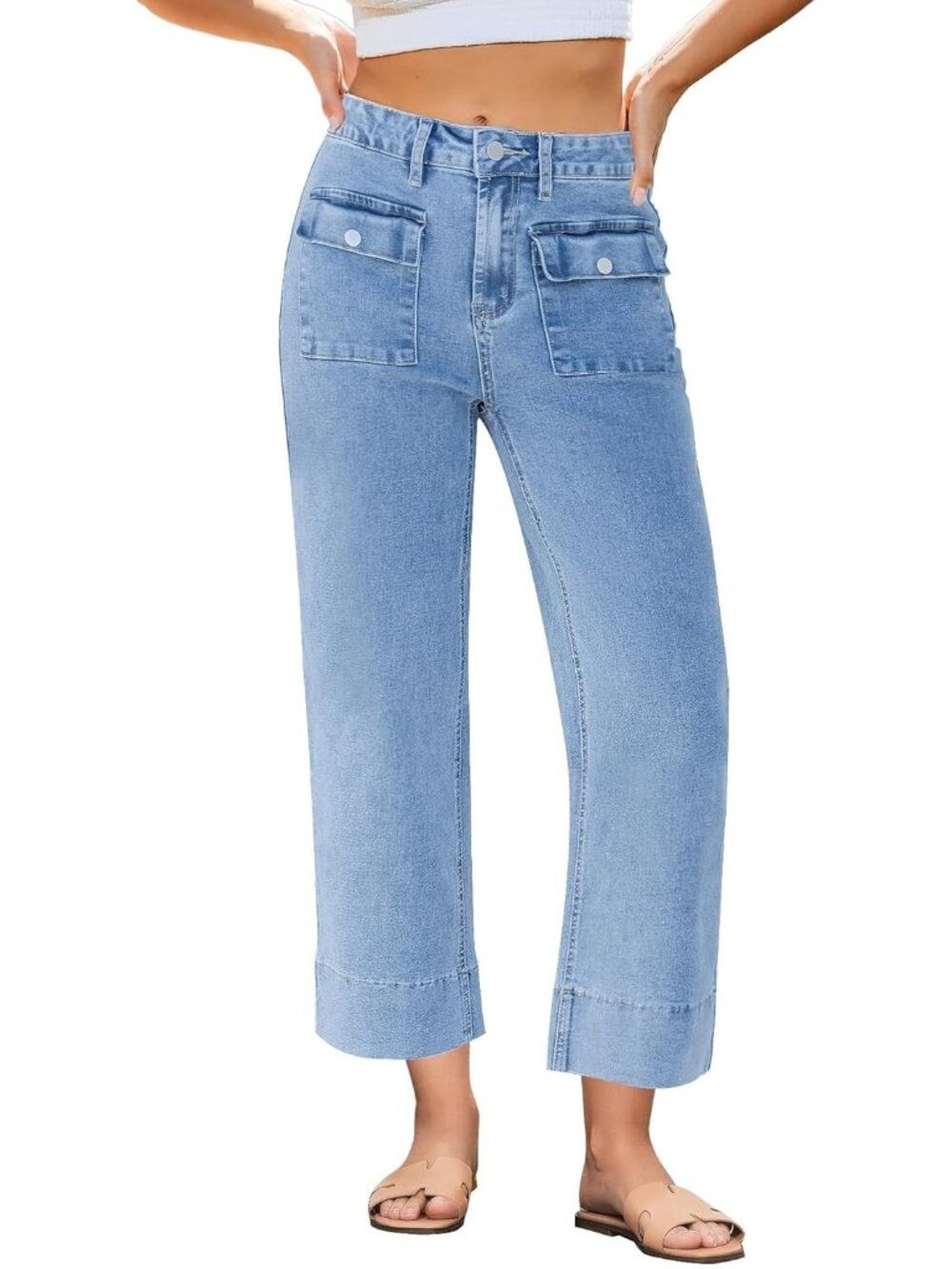 Women's Reef Blue High Waisted Straight Leg Cropped Stretchy Denim Pants